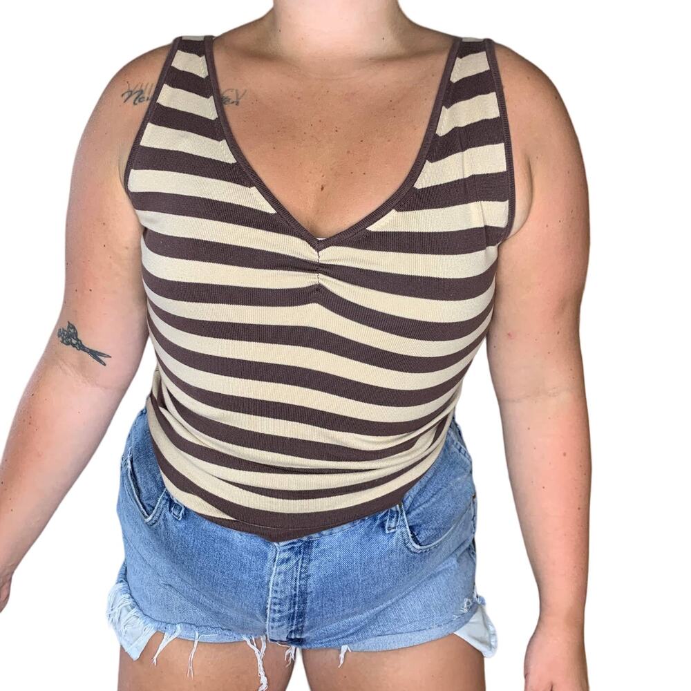 Vintage GAP Y2K Brown Beige Striped V Neckline Knit Tank Top Vanilla Girl Medium